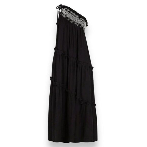 Shona Joy Dresses & Skirts - SHONA JOY Dress WMNS 6 Black Midi‎ Leda One Shoulder Tiered *MISSING WAIST TIE*